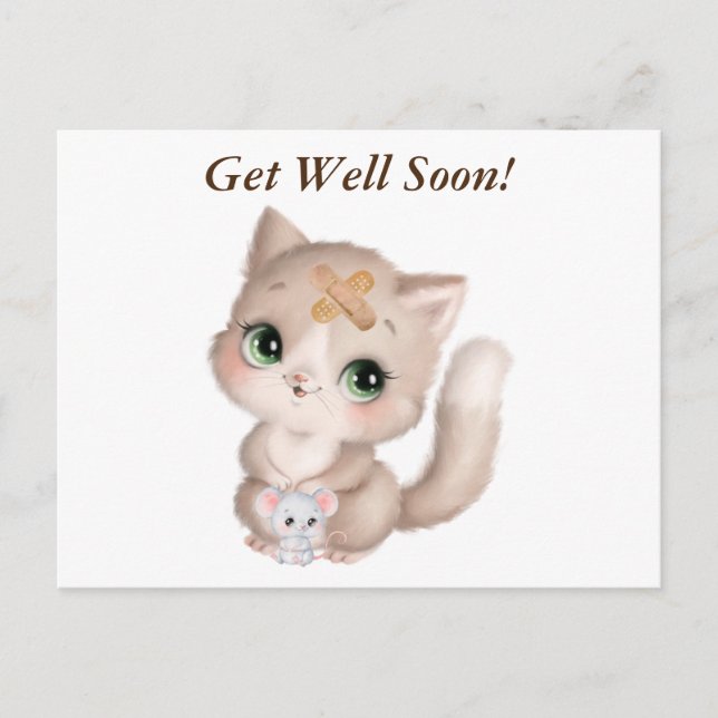 Get Well Soon Watercolor Kitten and Mouse Postcard (Front)