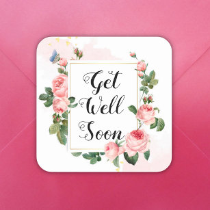 get well soon,watercolor pink vintage roses square sticker