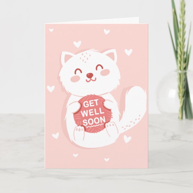 Get Well Soon White Cartoon Cat Greeting Card (Front)