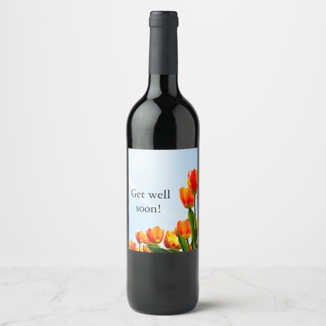 Get well soon with orange and red tulips wine label (Front)