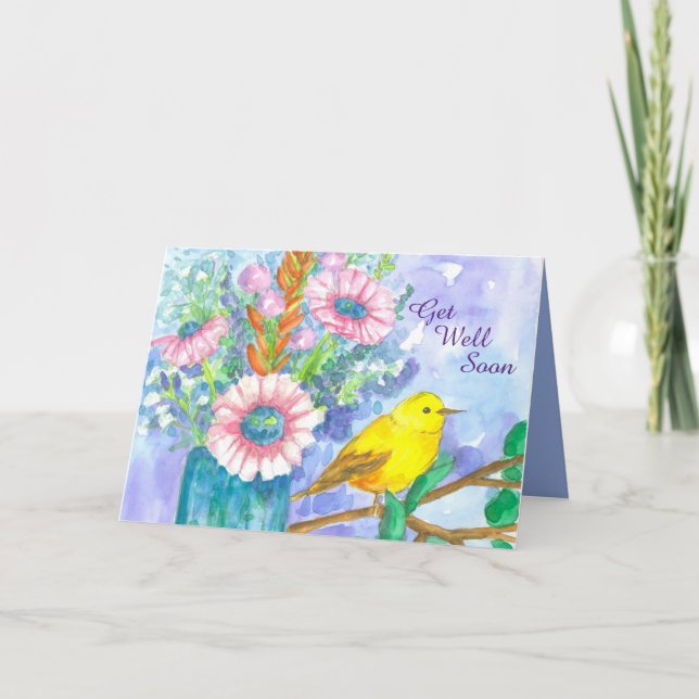 Get Well Soon Yellow Bird Flower Bouquet Card (Front)