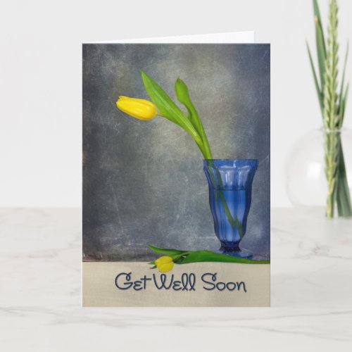 Get Well Soon yellow tulip in blue glass Card