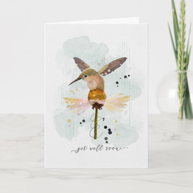 Get Well Watercolor Sketchy Doodle Hummingbird on Card (Front)