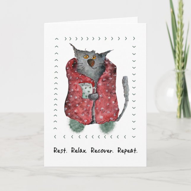 Get Well Wishes Whimsical Cozy Cat Illustration Card (Front)