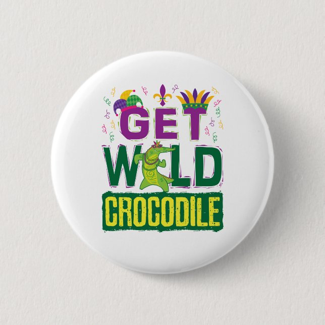 Get Wild Crocodile Mardi Gras Alligator Button (Front)