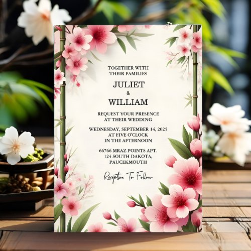 Get Wood Bamboo Pink Sakura Cherry Blossom Wedding Invitation