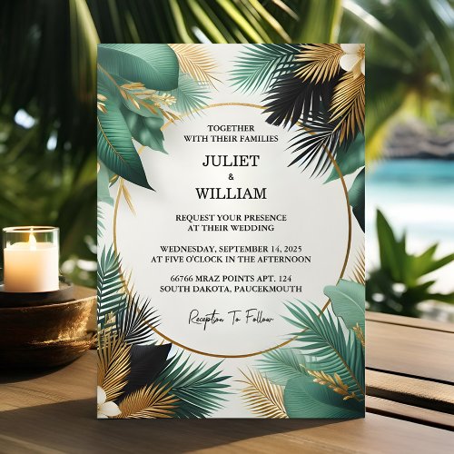 Get Wreath Palm Tree Beach Green And Gold Wedding Invitation