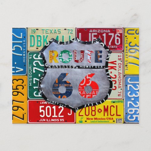 Get Your Kicks On Route 66 License Plate Art Postcard