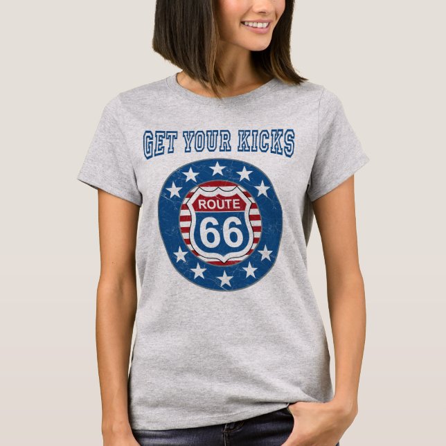 Get Your Kicks Route 66 - Distressed Retro T-Shirt (Front)