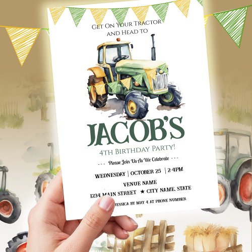 Get Your Tractor 4th Birthday Boy Invitation