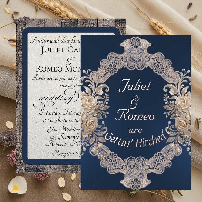 Gettin' Hitched Wood & Lace - Blue Foil Invitation (Creator Uploaded)