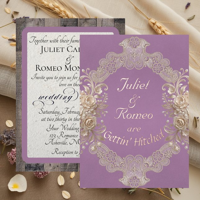 Gettin' Hitched Wood & Lace - Lavender Foil Invitation (Creator Uploaded)