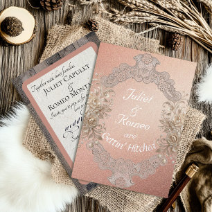 Gettin' Hitched Wood & Lace - Rose Gold Foil Invitation