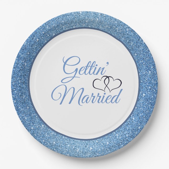Gettin' Married Blue Glitter 9" Paper Plates (Front)
