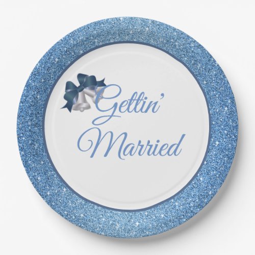 Gettin Married Blue Glitter 9 Paper Plates