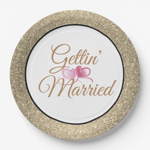 Gettin Married Gold Glitter 9 Paper Plates
