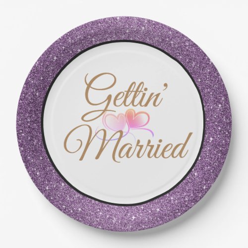 Gettin Married Purple Glitter 9 Paper Plates