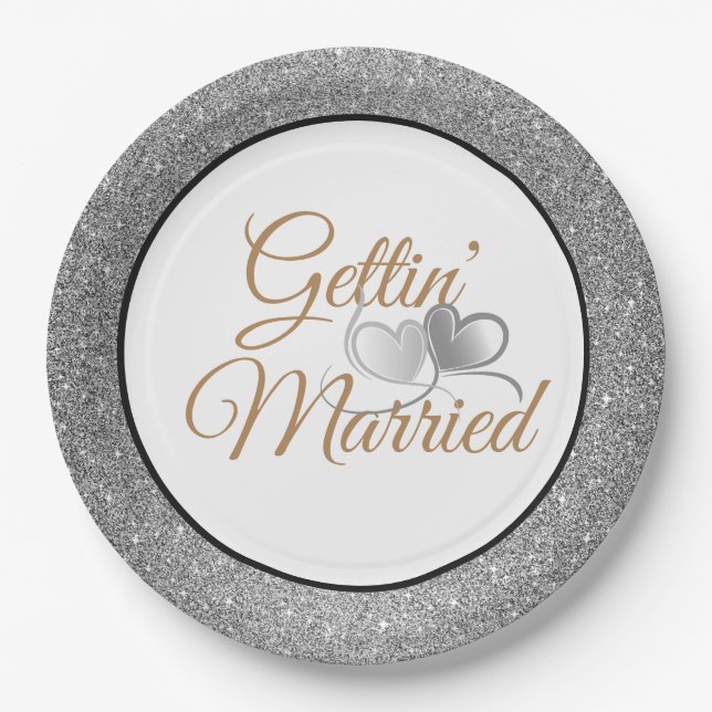 Gettin' Married Silver Glitter 9" Paper Plates (Front)