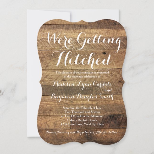 Getting Hitched Barn Wood Wedding Invitations (Front)