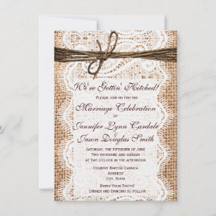Getting Hitched Burlap Print Wedding Invitations