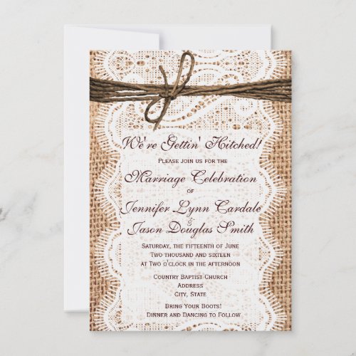 Getting Hitched Burlap Print Wedding Invitations
