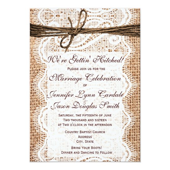 Getting Hitched Burlap Print Wedding Invitations | Zazzle.com