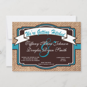 Getting Hitched Burlap Teal Wedding Invitations