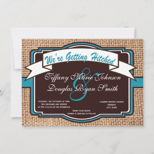 Getting Hitched Burlap Teal Wedding Invitations