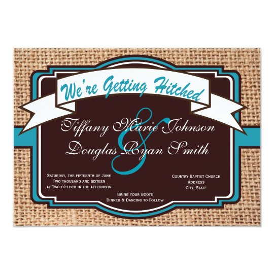 Getting Hitched Burlap Teal Wedding Invitations Zazzle Getting Hitched Burlap Teal Wedding Invitations
