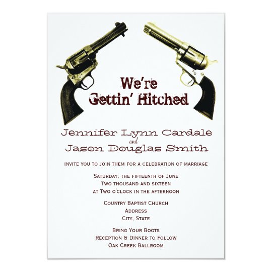 Getting Hitched Cowboy Guns Wedding Invitations Zazzle Getting Hitched Cowboy Guns Wedding Invitations