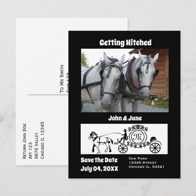 Getting Hitched Horse Wagon Photo Monogram Invitation Postcard (Front/Back)