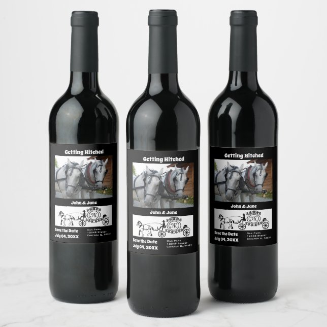 Getting Hitched Horse Wagon Photo Monogram Wine Label (Bottles)