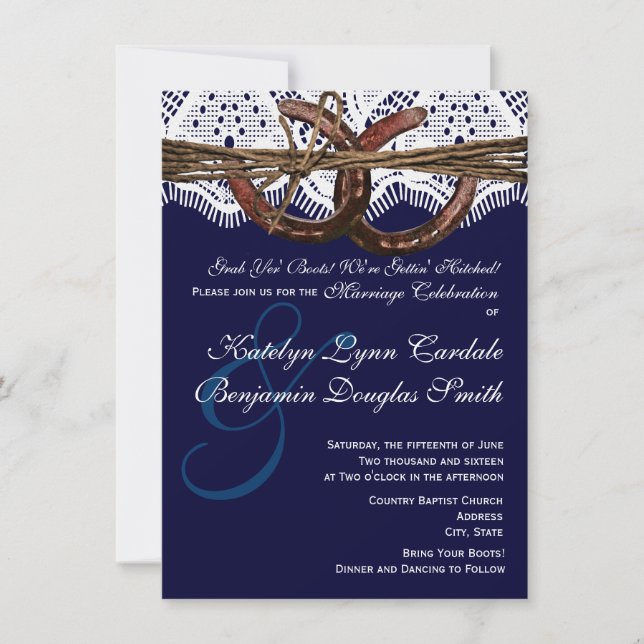 Getting Hitched Navy Horseshoe Wedding Invitations (Front)