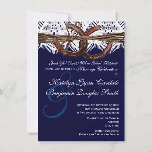 Getting Hitched Navy Horseshoe Wedding Invitations
