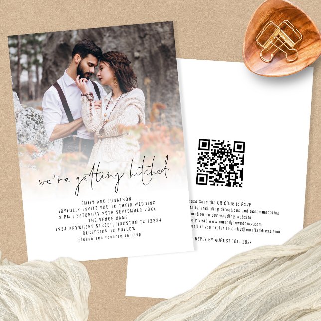 Getting Hitched QR Code Photo Overlay Wedding Invitation (Front and back view. Available digitally or printed. Part of a matching wedding collection.)