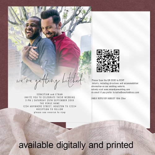 Getting Hitched QR Photo Overlay Gay Wedding Invitation