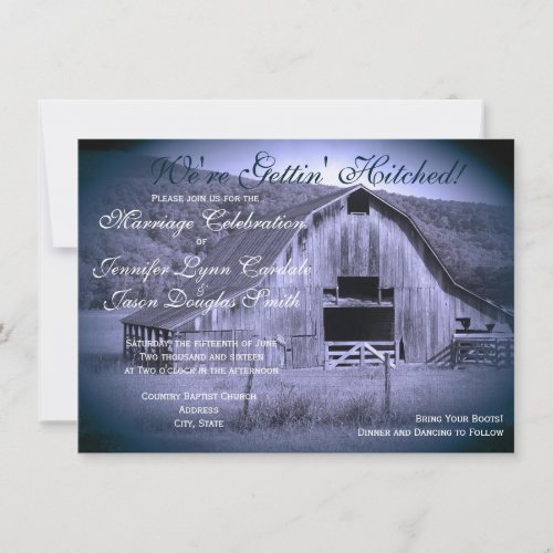 Getting Hitched Rustic Barn Wedding Invites Blue