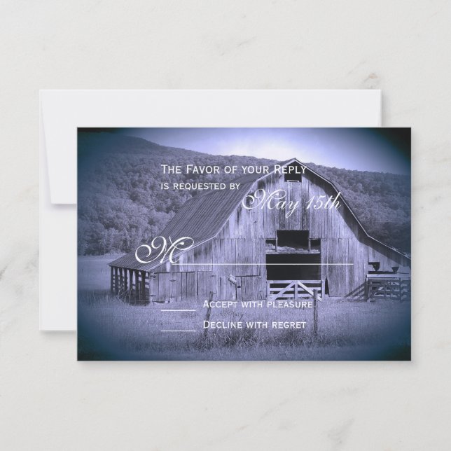 Getting Hitched Rustic Barn Wedding RSVP Card Blue (Front)