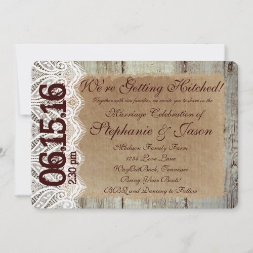 Getting Hitched Rustic Country Wedding Invitations