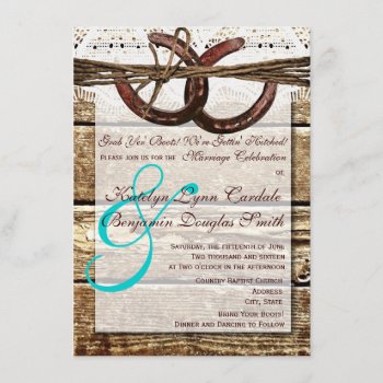 Getting Hitched Wood Horseshoes Wedding Invites by RusticCountryWedding at Zazzle