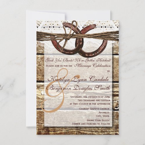 Getting Hitched Wood Horseshoes Wedding Invites