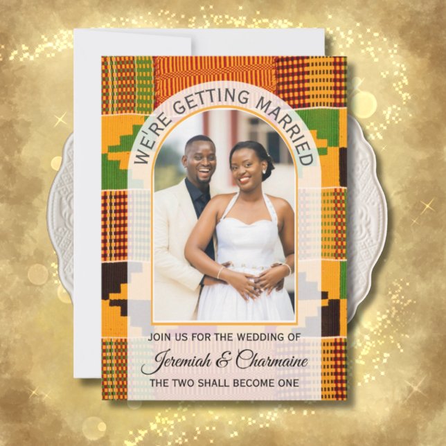 GETTING MARRIED African Ghana Kente WEDDING  Invitation (Kente wedding invitation with arch photo template and QR code.)