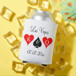 Getting married Las Vegas custom wedding party Can Cooler<br><div class="desc">Getting married Las Vegas custom wedding party Can Cooler. Classy white beverage holder with couple's logo. Hearts and spade design with initials of bride and groom plus date of marriage. Personalize with destination name. Best for gambling / casino theme parties. Fun party favor for guests. Lucky in love in the...</div>