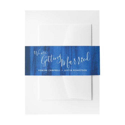 Getting married sapphire blue abstract art wedding invitation belly band