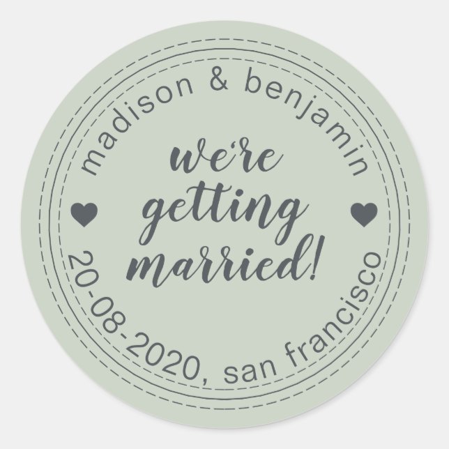 Getting Married Save the Date Pastel Green Classic Round Sticker (Front)
