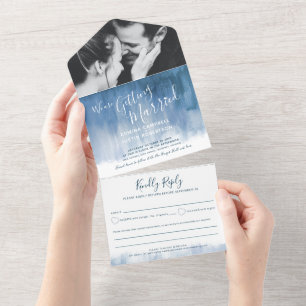 Getting married wedding photo blue gray rsvp text all in one invitation