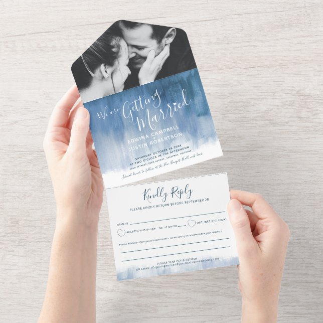 Getting married wedding photo blue gray rsvp text all in one invitation (Tearaway)