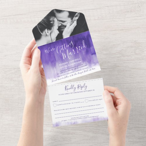 Getting married wedding photo purple rsvp text all in one invitation