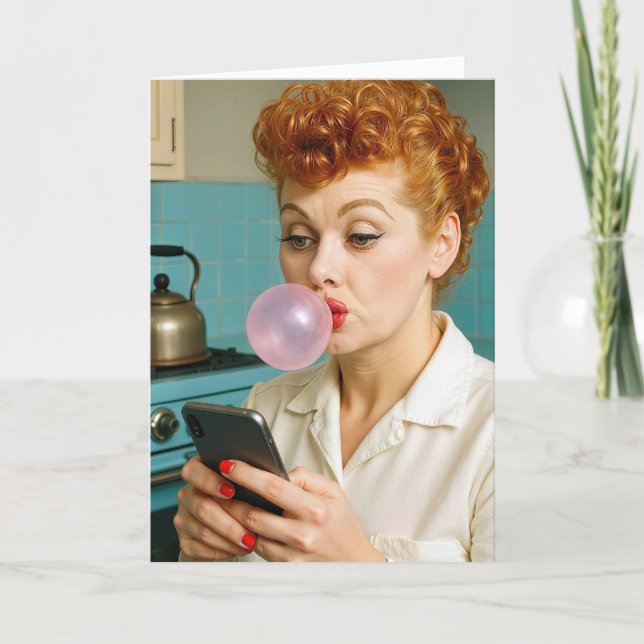 Getting Old Birthday Retro Redhead Woman Texting  Card (Front)