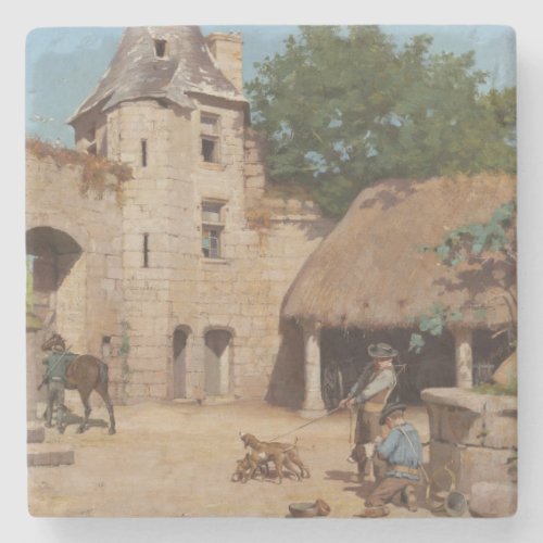 Getting Ready for the Hunt Medieval Scene Stone Coaster